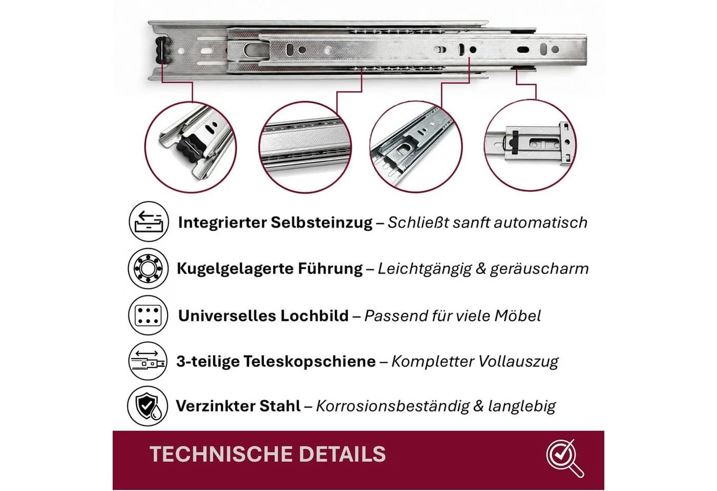 HOOZ Auszug Schubladenführung Teleskopschiene Silber Vollauszug - Bild 3