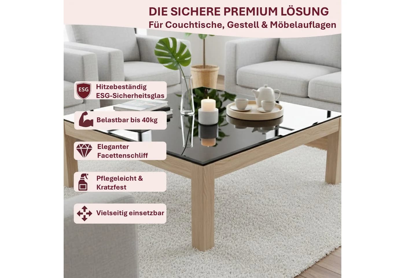 HOOZ Tischplatte aus Glas 60x60 cm Schwarz - Bild 3