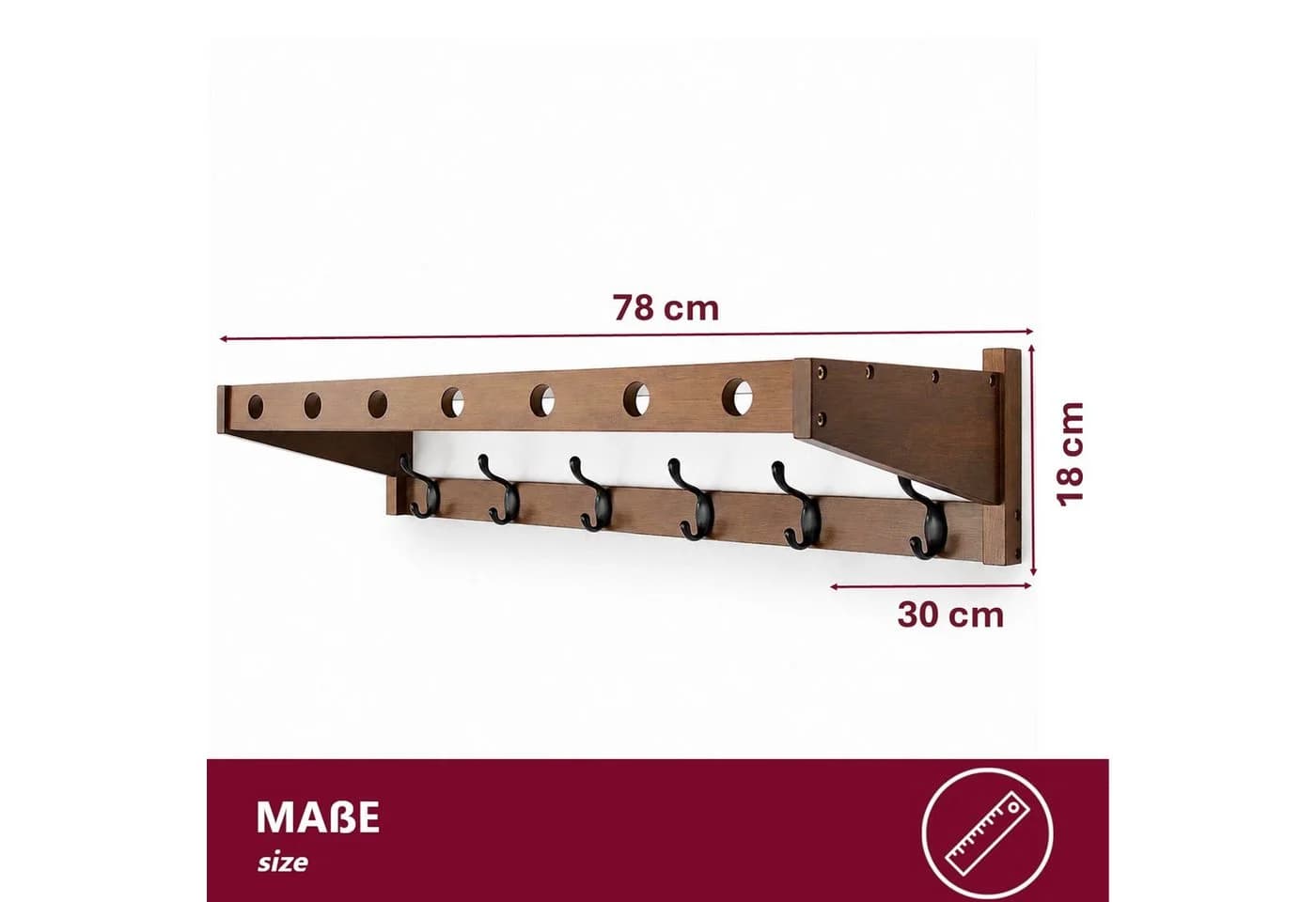 HOOZ Wandgarderobe Bambus Espresso mit 6 Metallhaken - Bild 3