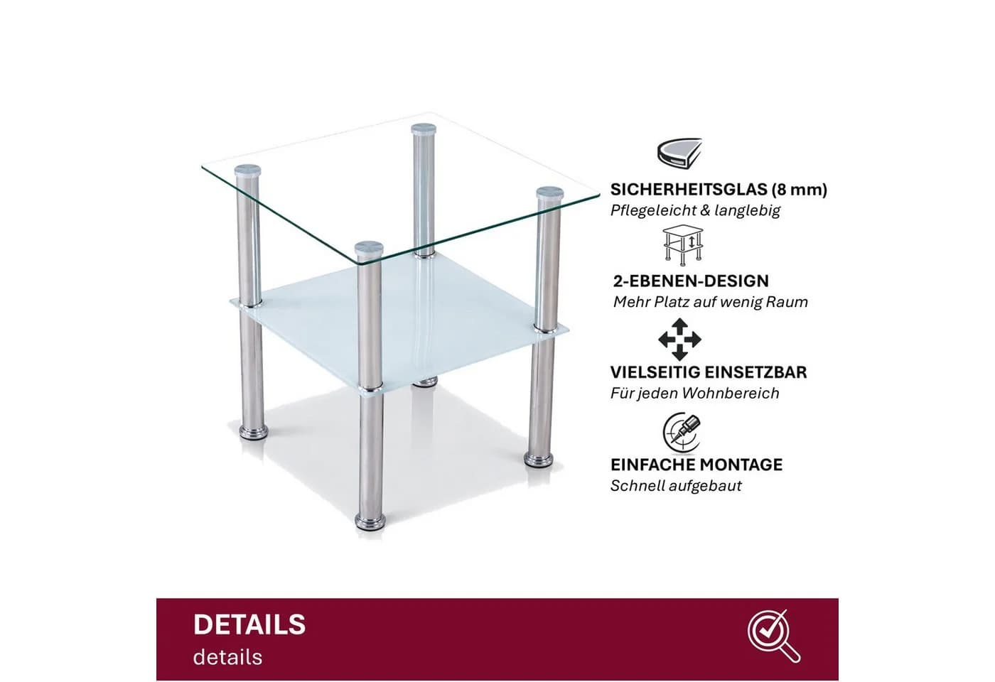 HOOZ Beistelltisch 40x40cm Glas Edelstahl Modern - Bild 3