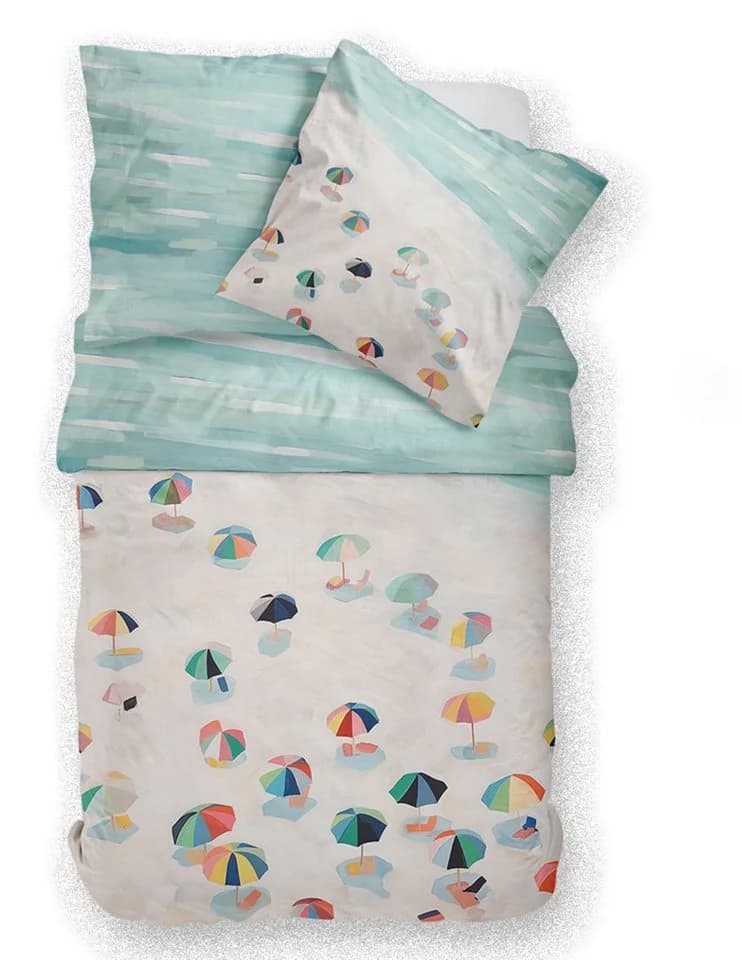 Sympathica Satin Bettwäsche 135x200 cm Strand Meer Sonnenschirme Wende