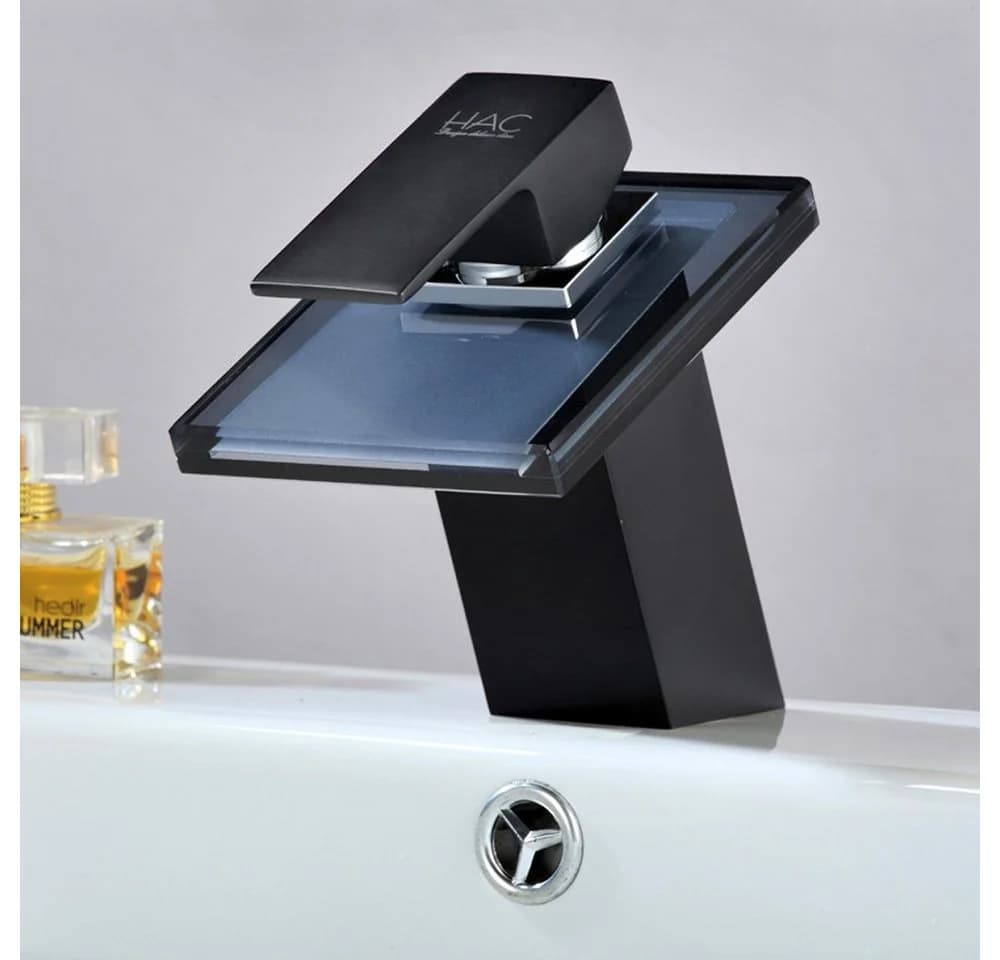 HAC24 Waschtischarmatur Glas Wasserfall Schwarz Messing
