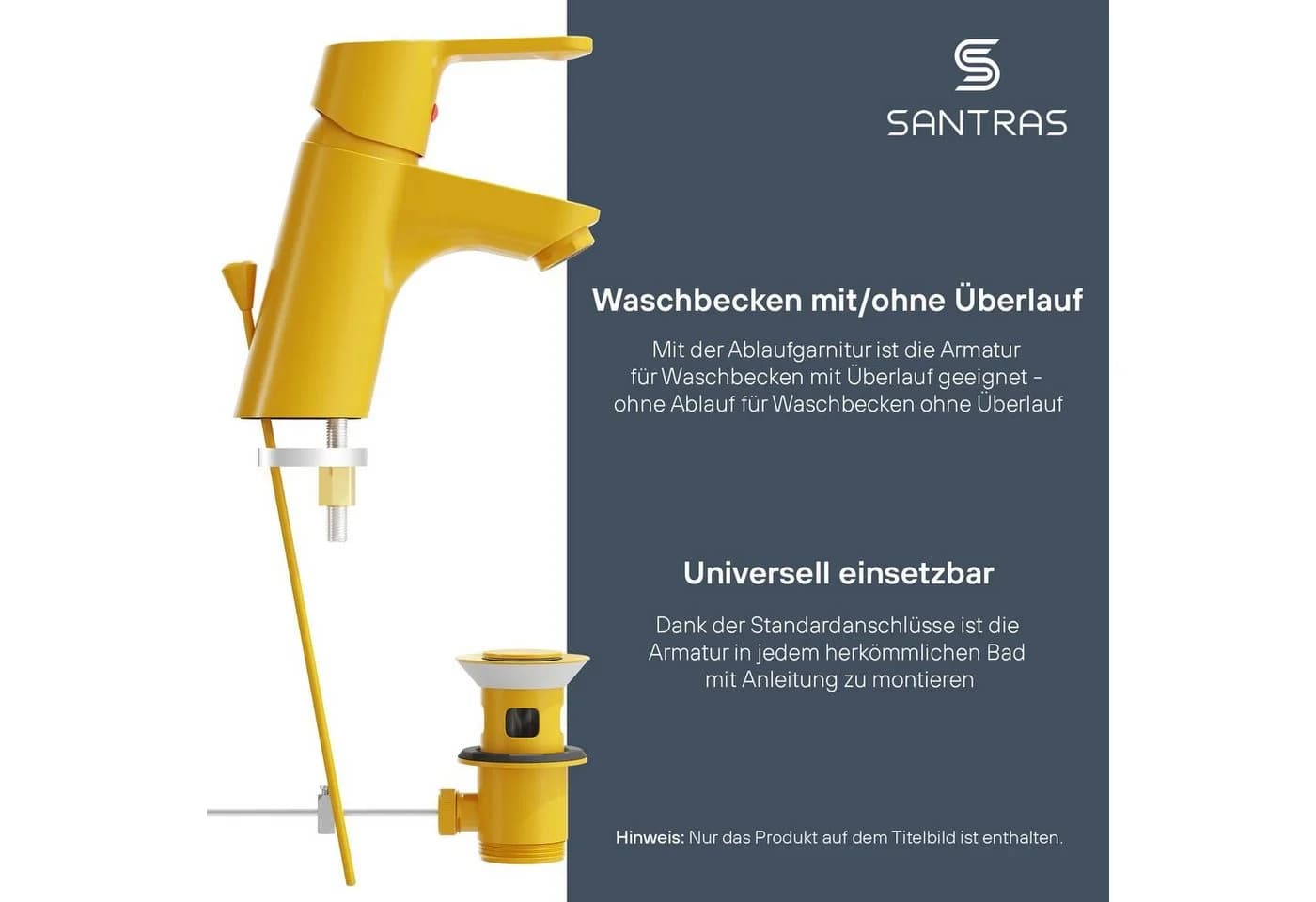 Santras Waschtischarmatur Einhebel Gelb RAL 1004 mit Zugstange & Ablaufgarnitur - Bild 4