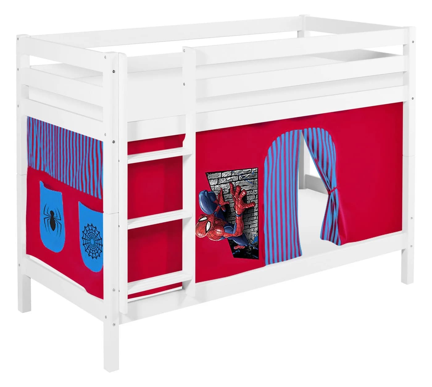 Lilokids Etagenbett JELLE Spiderman Hochbett Weiß inkl. Vorhang und 2 Lattenrosten