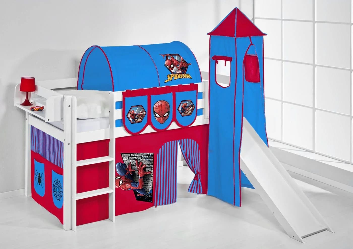 Lilokids Betttunnel Tunnel Spiderman für Hochbett, Spielbett und Etagenbett, Blau Rot mit Motiv