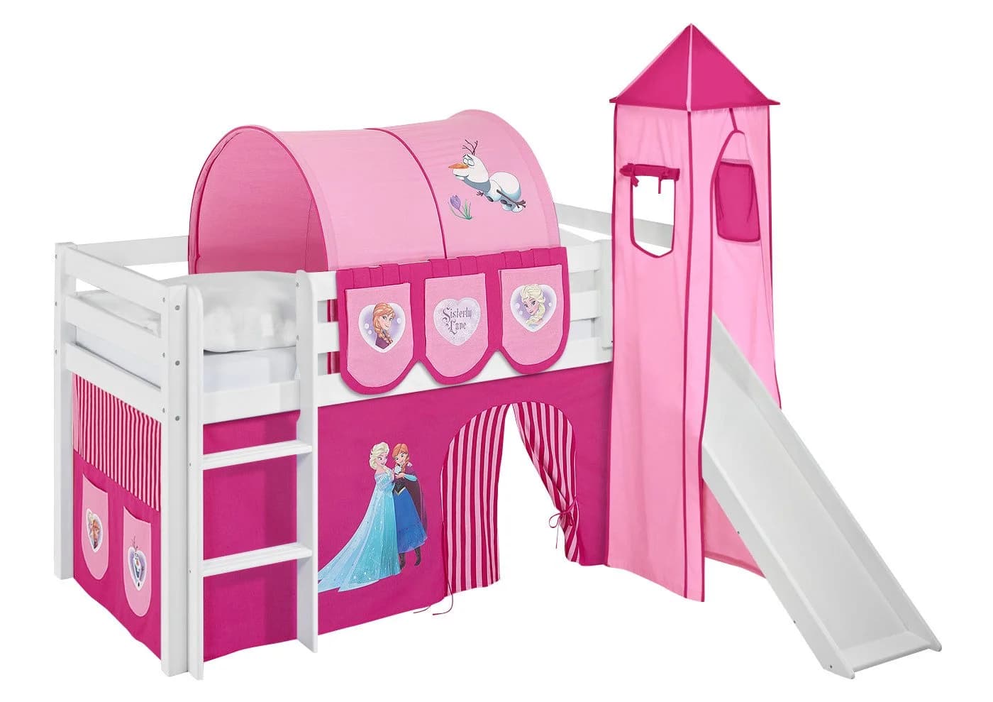 Lilokids Kinderbett Hochbett JELLE mit Vorhang & Turm Frozen Anna & Elsa Eiskönigin