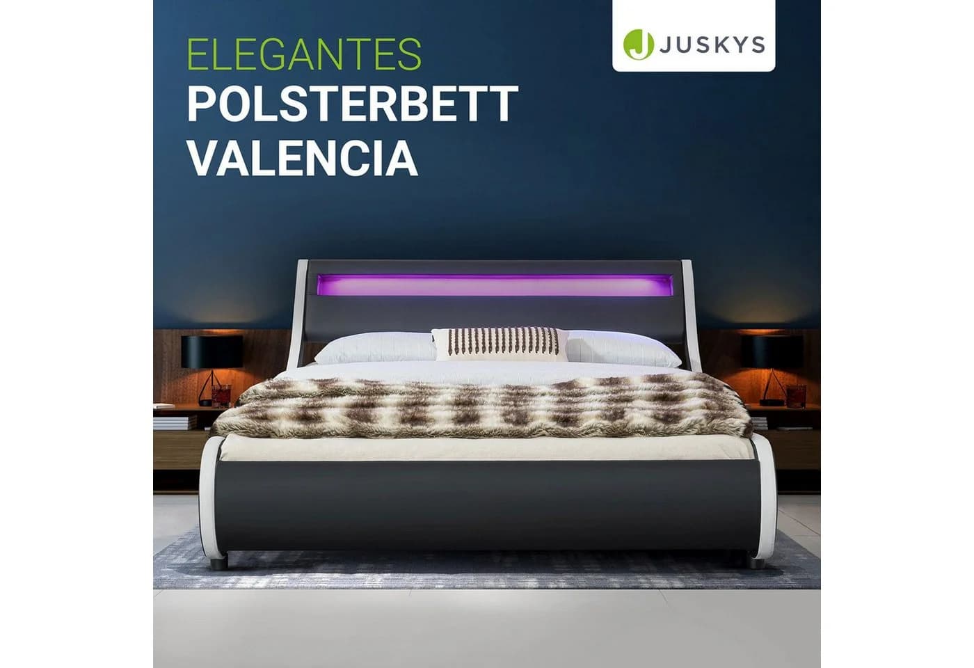 Juskys Polsterbett Valencia Schwarz mit LED-Beleuchtung und Lattenrost - Bild 2