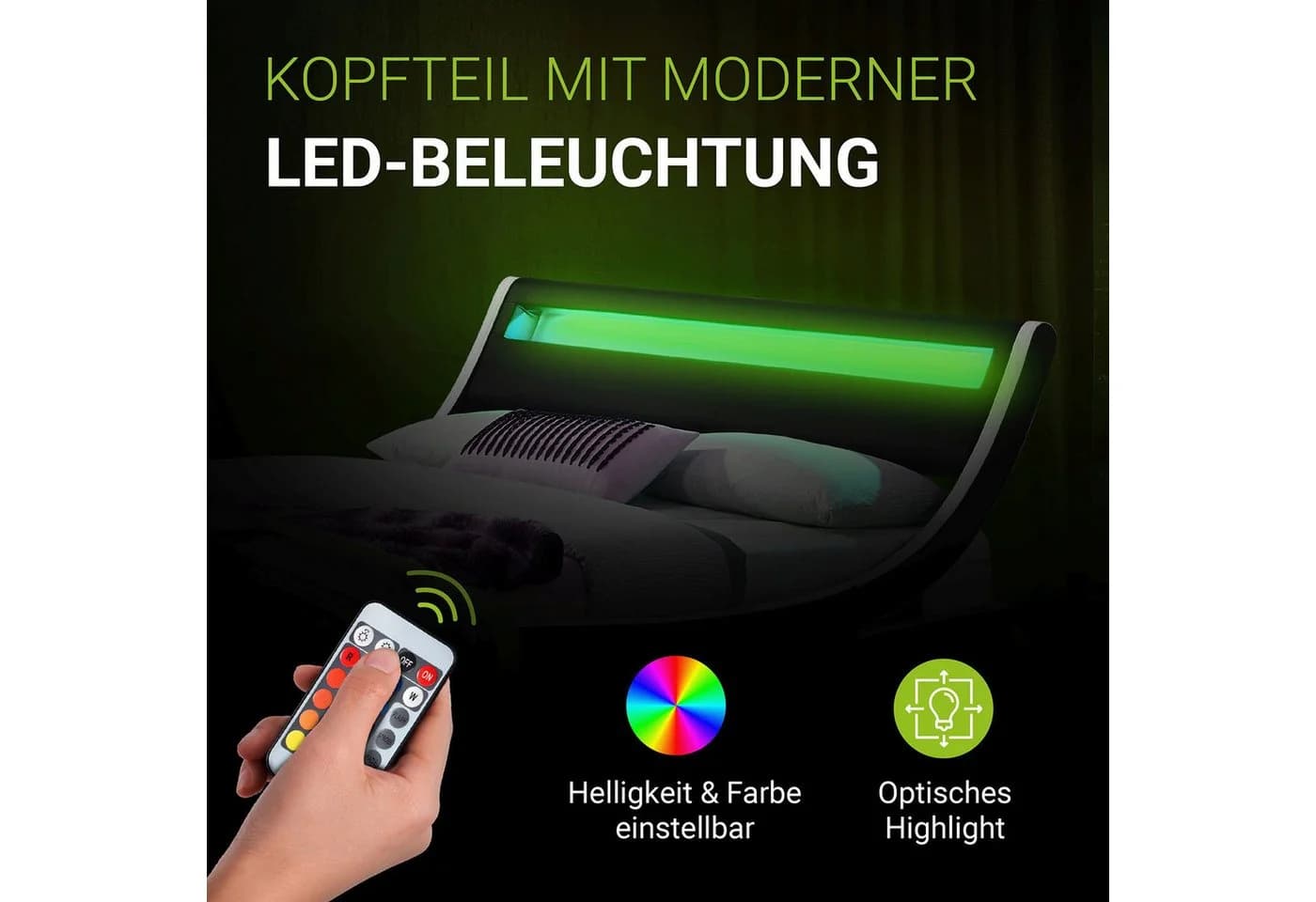 Juskys Polsterbett Valencia Schwarz mit LED-Beleuchtung und Lattenrost - Bild 5