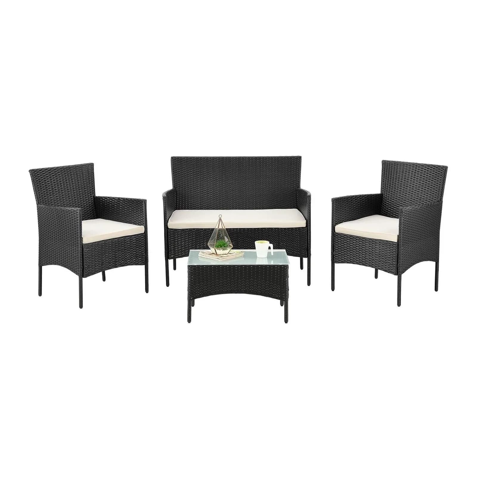 Juskys Gartenlounge-Set Fort Myers Schwarz Creme 4-tlg. Polyrattan