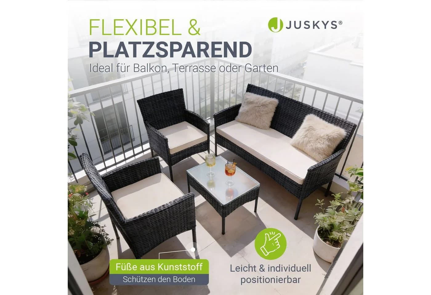 Juskys Gartenlounge-Set Fort Myers Schwarz Creme 4-tlg. Polyrattan - Bild 5