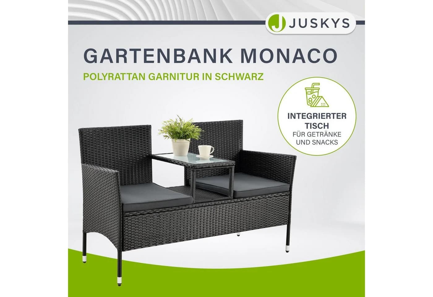 Juskys Balkonset Monaco Schwarz Polyrattan 2-Sitzer mit Tisch & Kissen - Bild 2