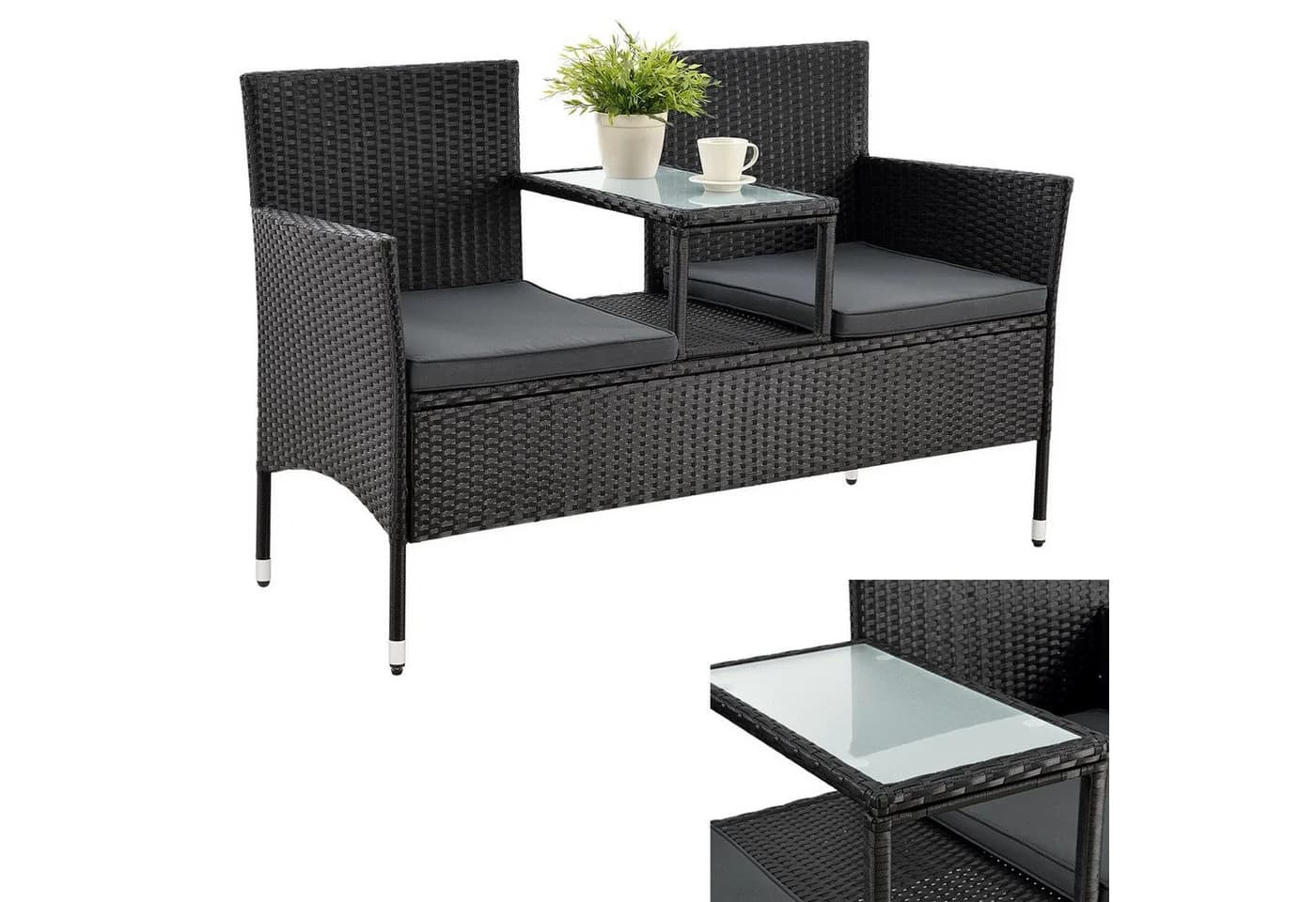 Juskys Balkonset Monaco Schwarz Polyrattan 2-Sitzer mit Tisch & Kissen - Bild 3