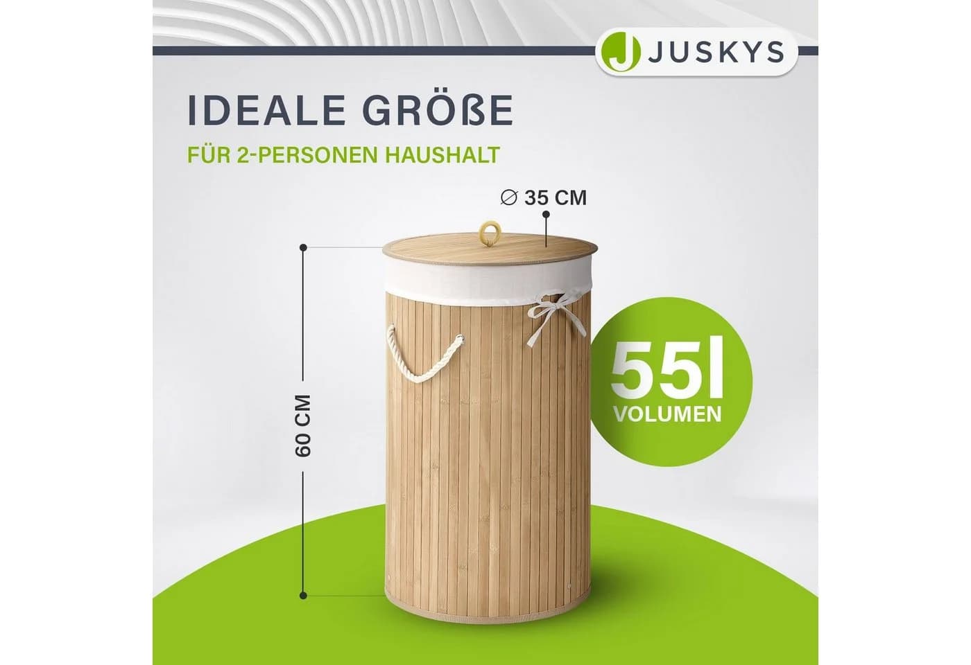 Juskys Wäschekorb Curly-Round Bambus 55L mit Deckel und Wäschesack
