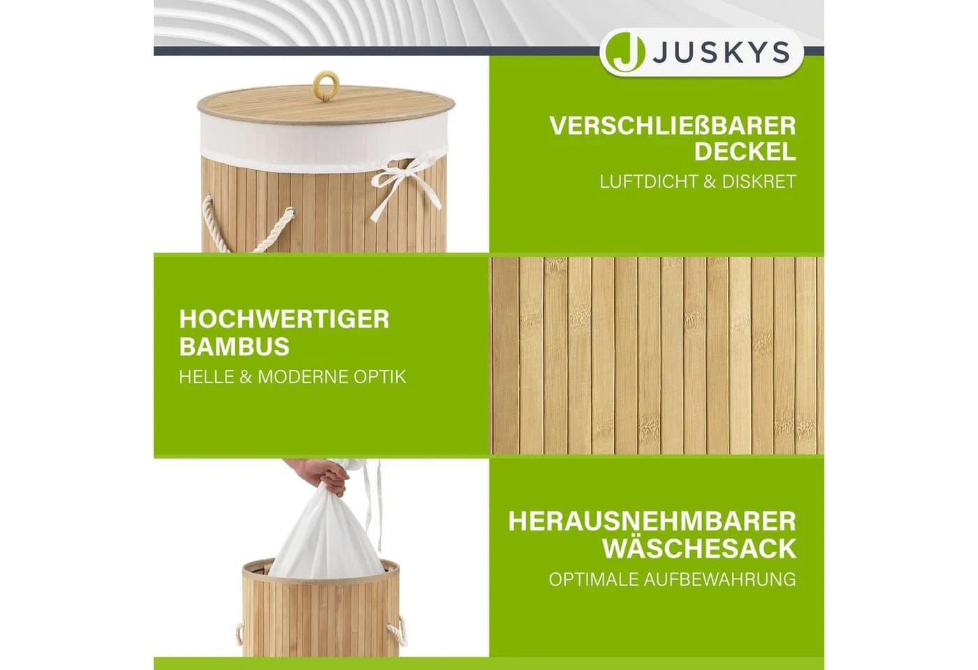 Juskys Wäschekorb Curly-Round Bambus 55L mit Deckel und Wäschesack - Bild 3