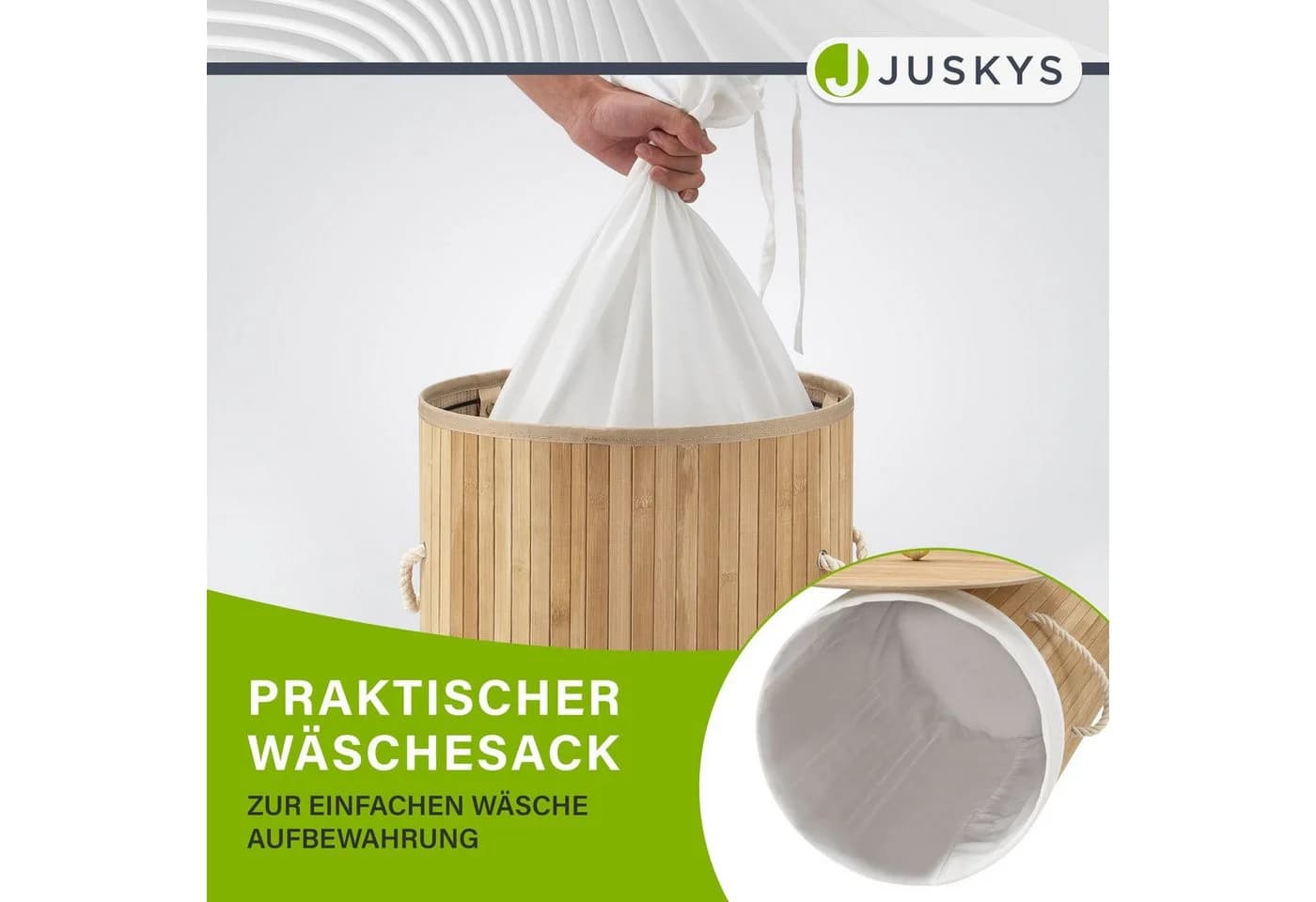 Juskys Wäschekorb Curly-Round Bambus 55L mit Deckel und Wäschesack - Bild 4