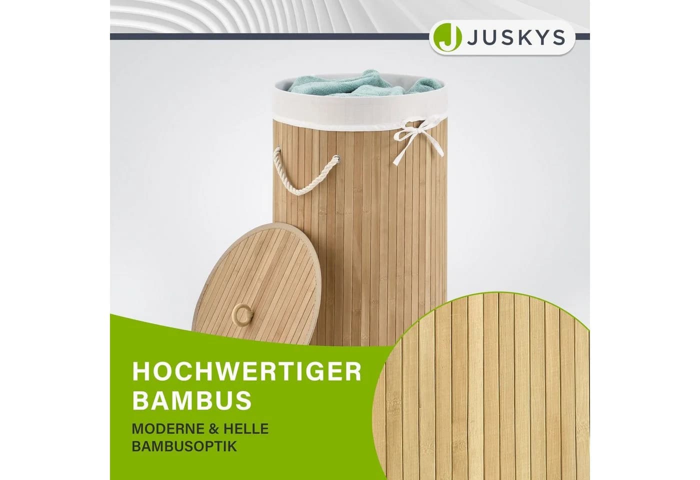 Juskys Wäschekorb Curly-Round Bambus 55L mit Deckel und Wäschesack - Bild 5