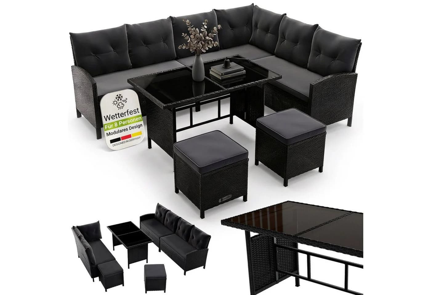 Juskys Gartenlounge-Set Manacor Schwarz Grau Poly Rattan - Bild 3