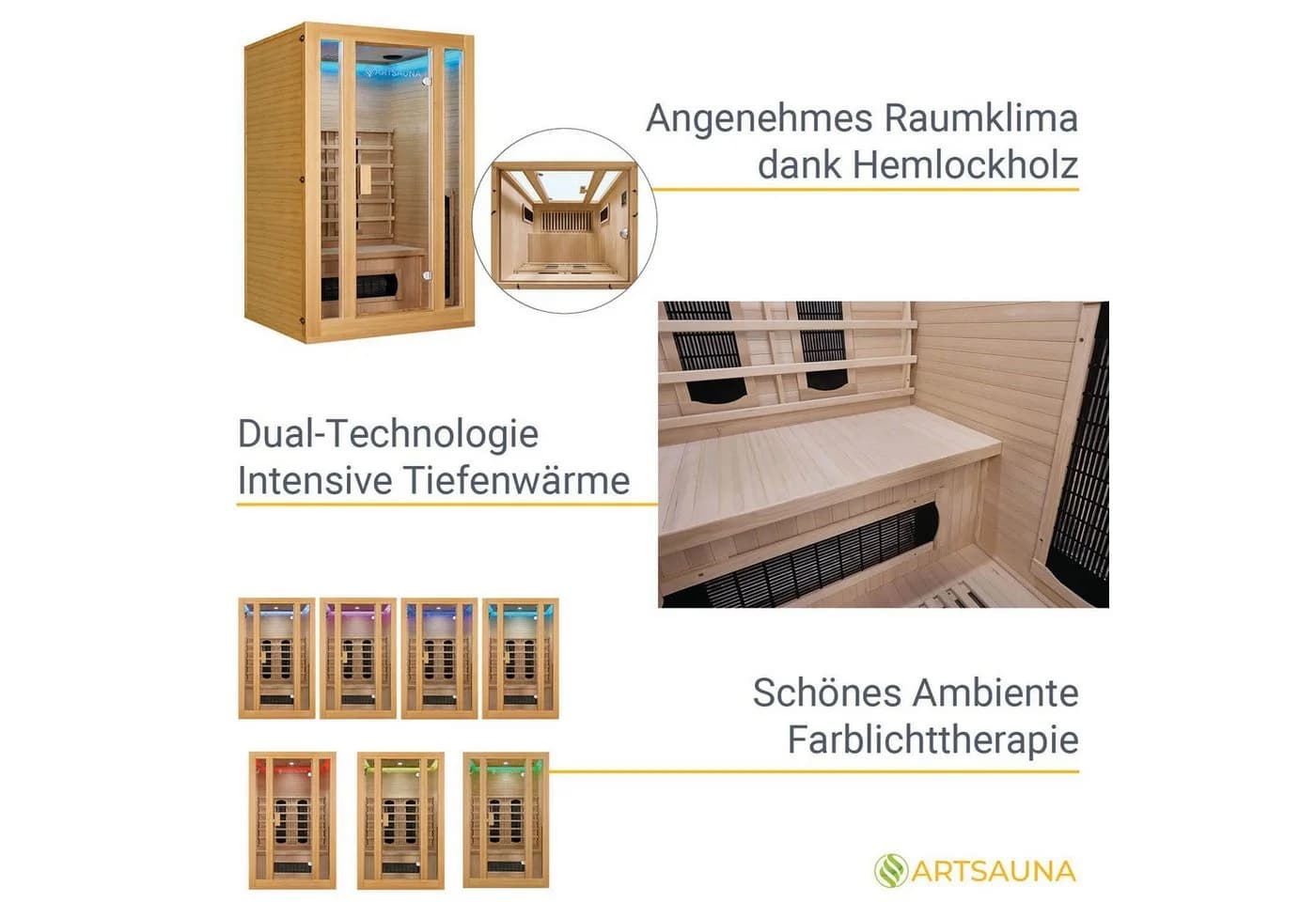 Artsauna Infrarotkabine Nyborg S120K – Infrarotsauna 2 Personen LED-Farblicht - Bild 5