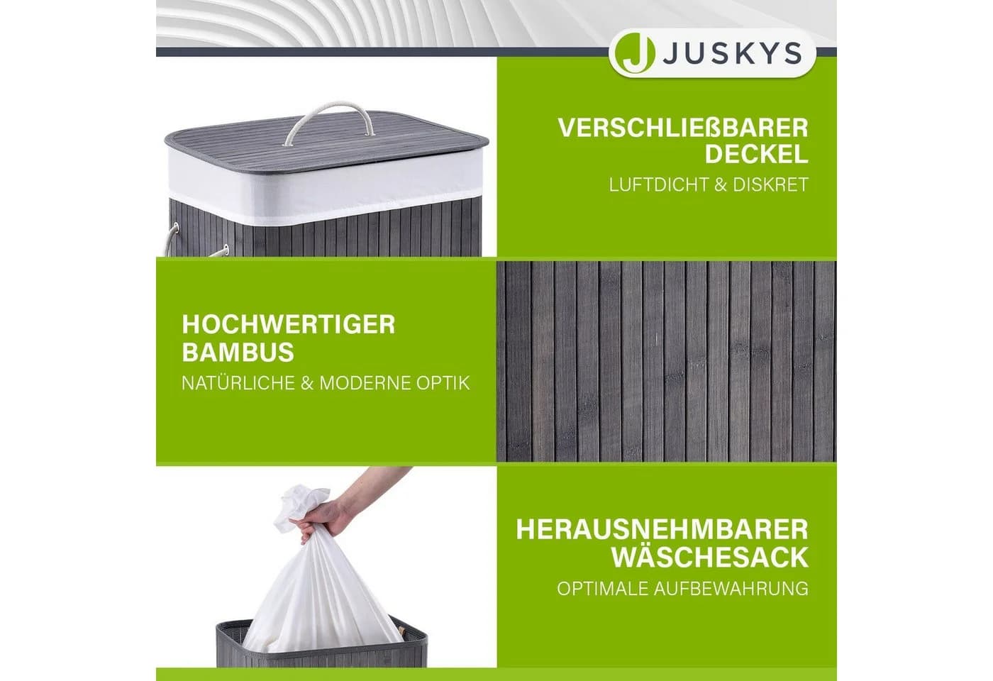 Juskys Wäschekorb Curly Grau 72L Bambus Metall mit Deckel - Bild 3