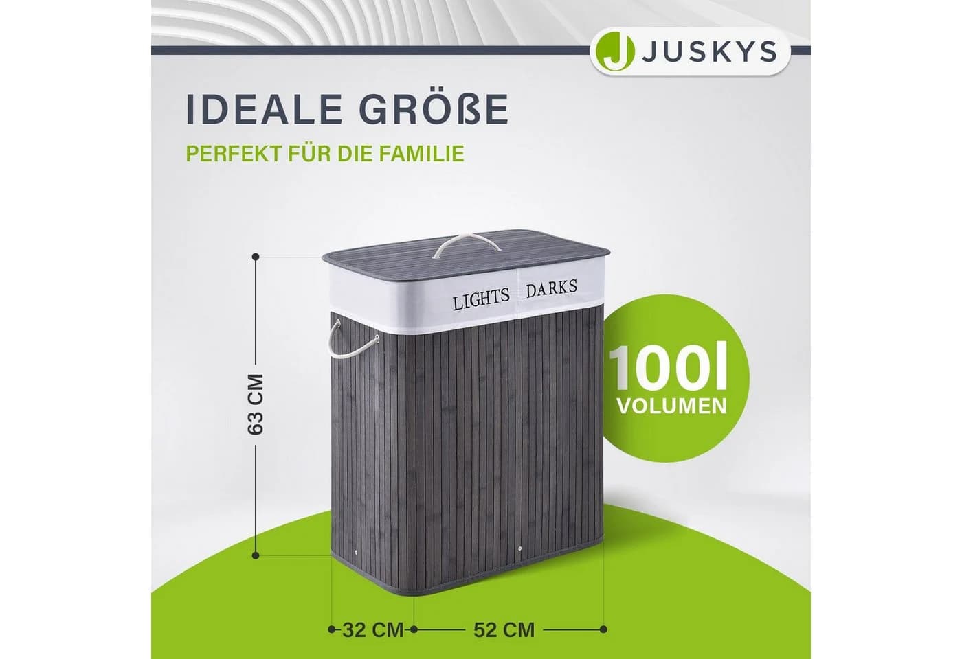 Juskys Wäschekorb Curly 100 L Grau mit 2 Fächern und Wäschesack