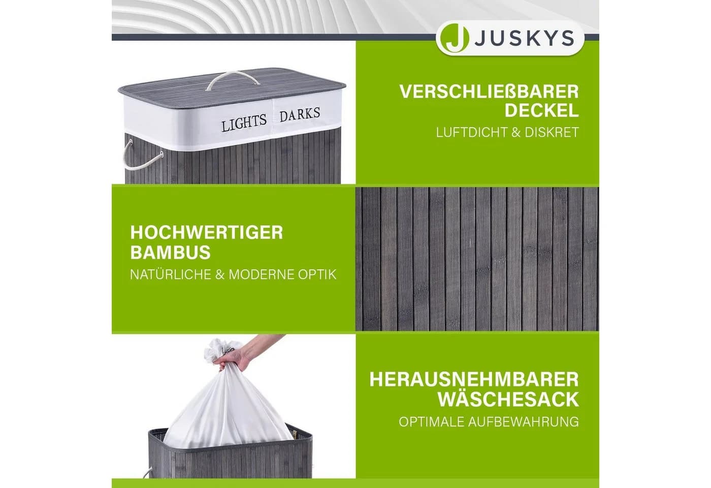 Juskys Wäschekorb Curly 100 L Grau mit 2 Fächern und Wäschesack - Bild 3
