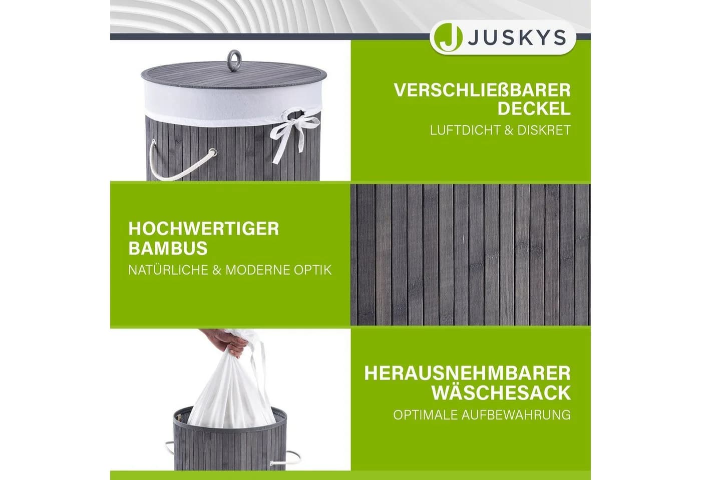 Juskys Wäschekorb Curly-Round 55L Grau mit Deckel - Bild 3