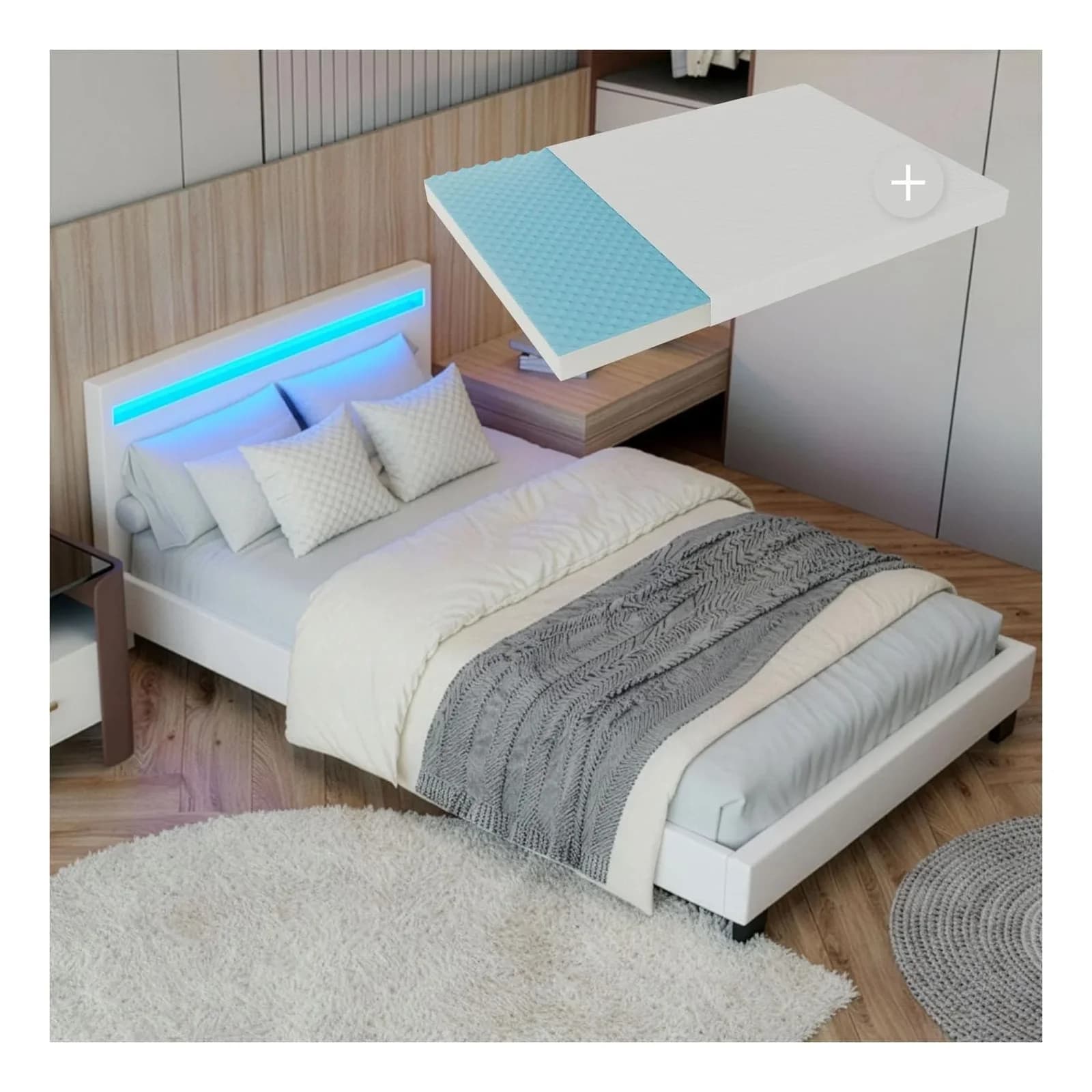 Juskys Polsterbett Paris Weiß mit LED-Beleuchtung & Matratze