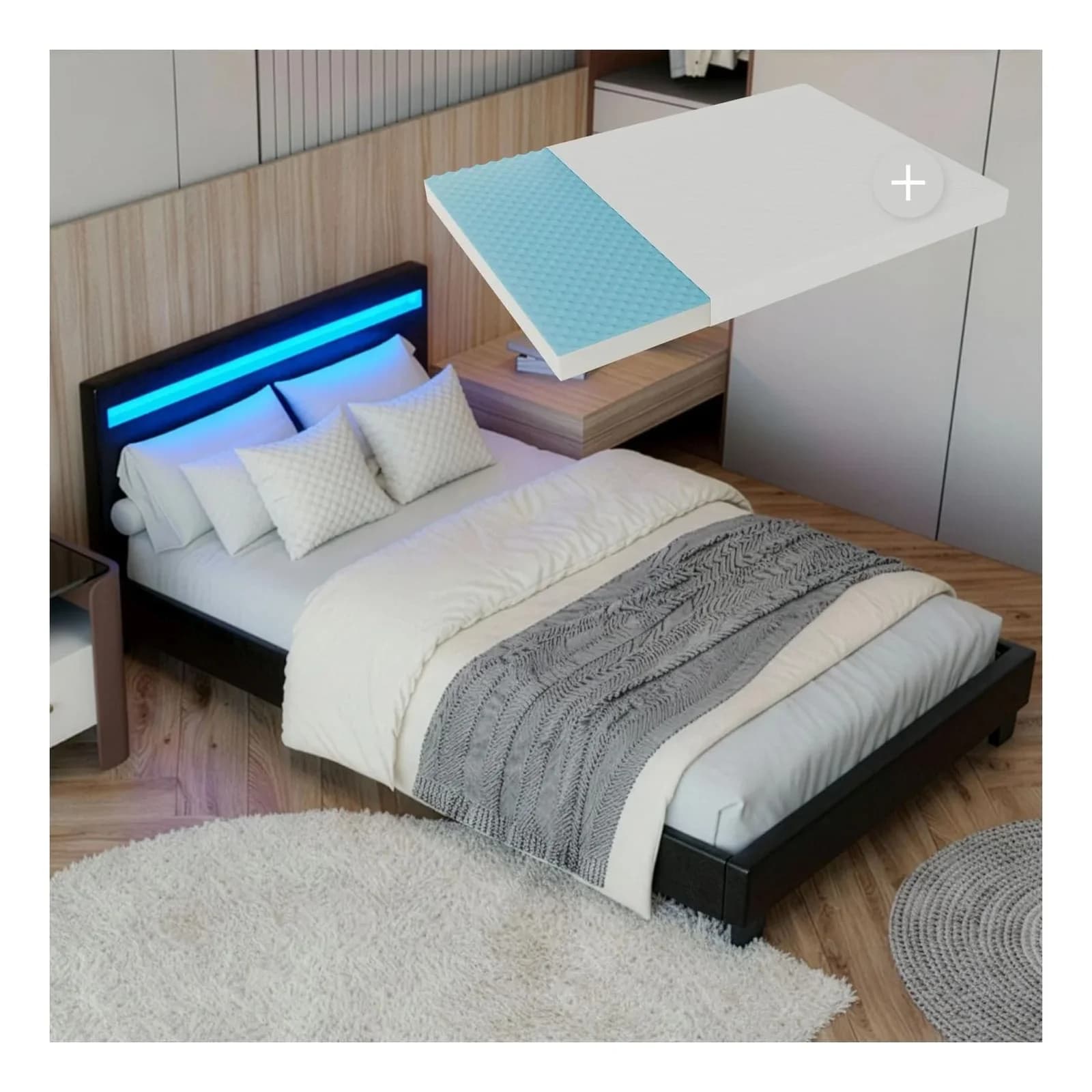 Juskys Polsterbett Paris Schwarz mit LED-Beleuchtung & Matratze