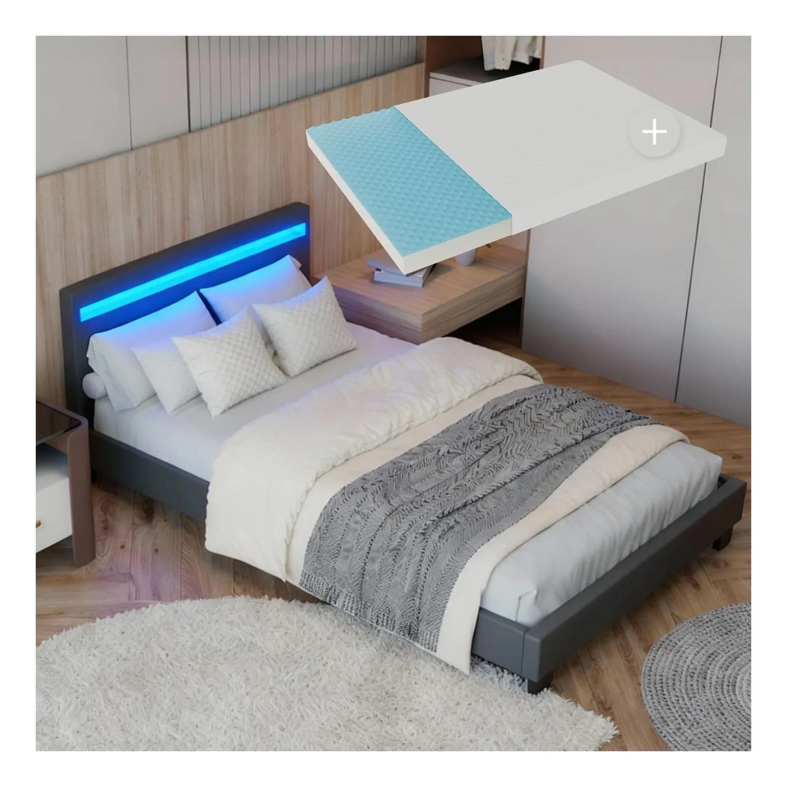 Juskys Polsterbett Paris 90x200 cm grau mit LED-Beleuchtung