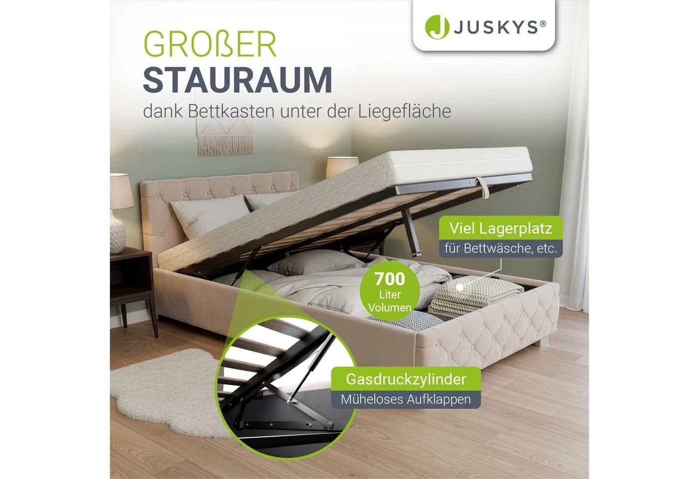 Juskys Polsterbett Nizza Beige Samt mit LED und Stauraum - Bild 2