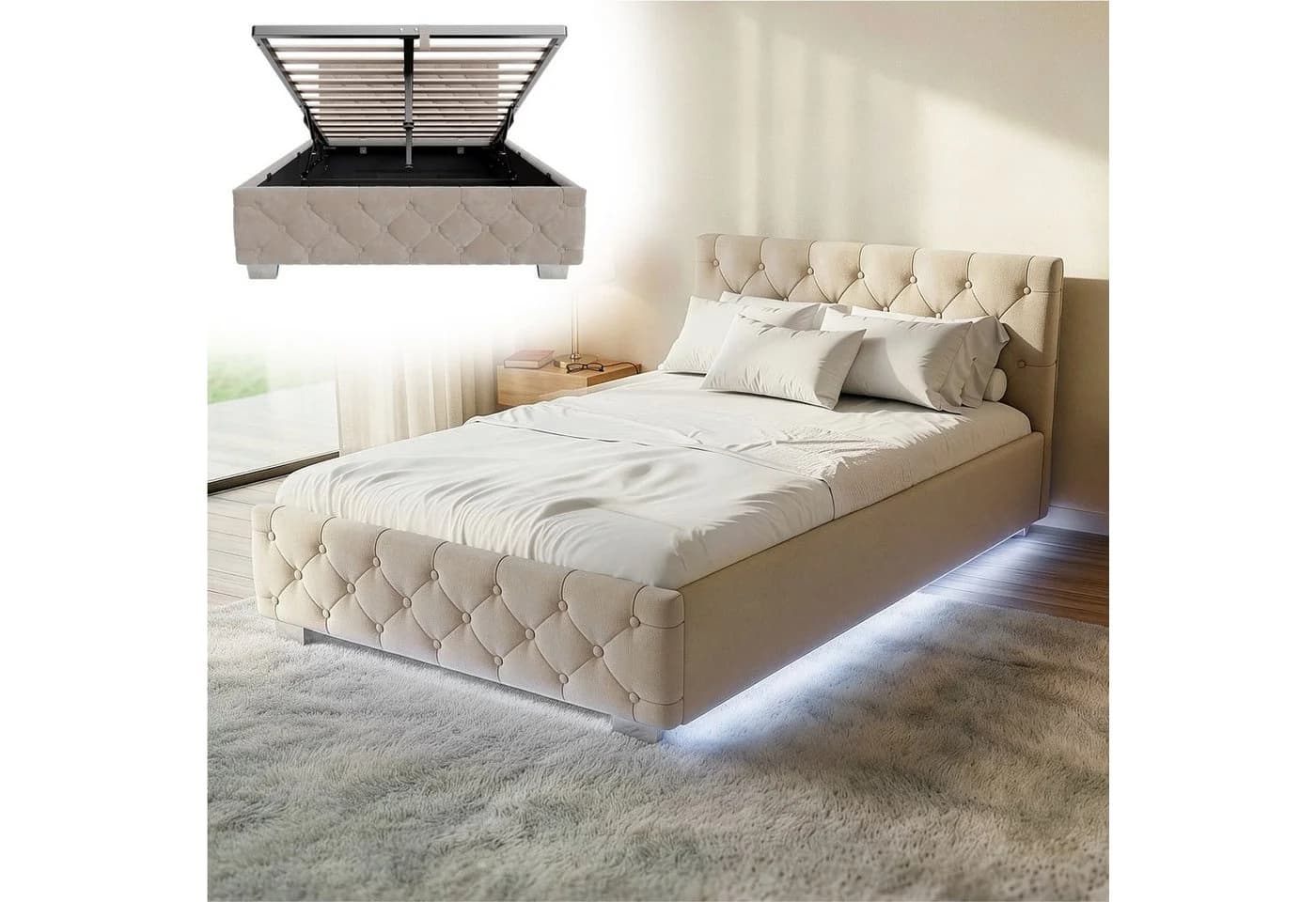 Juskys Polsterbett Nizza Beige Samt mit LED und Stauraum - Bild 3