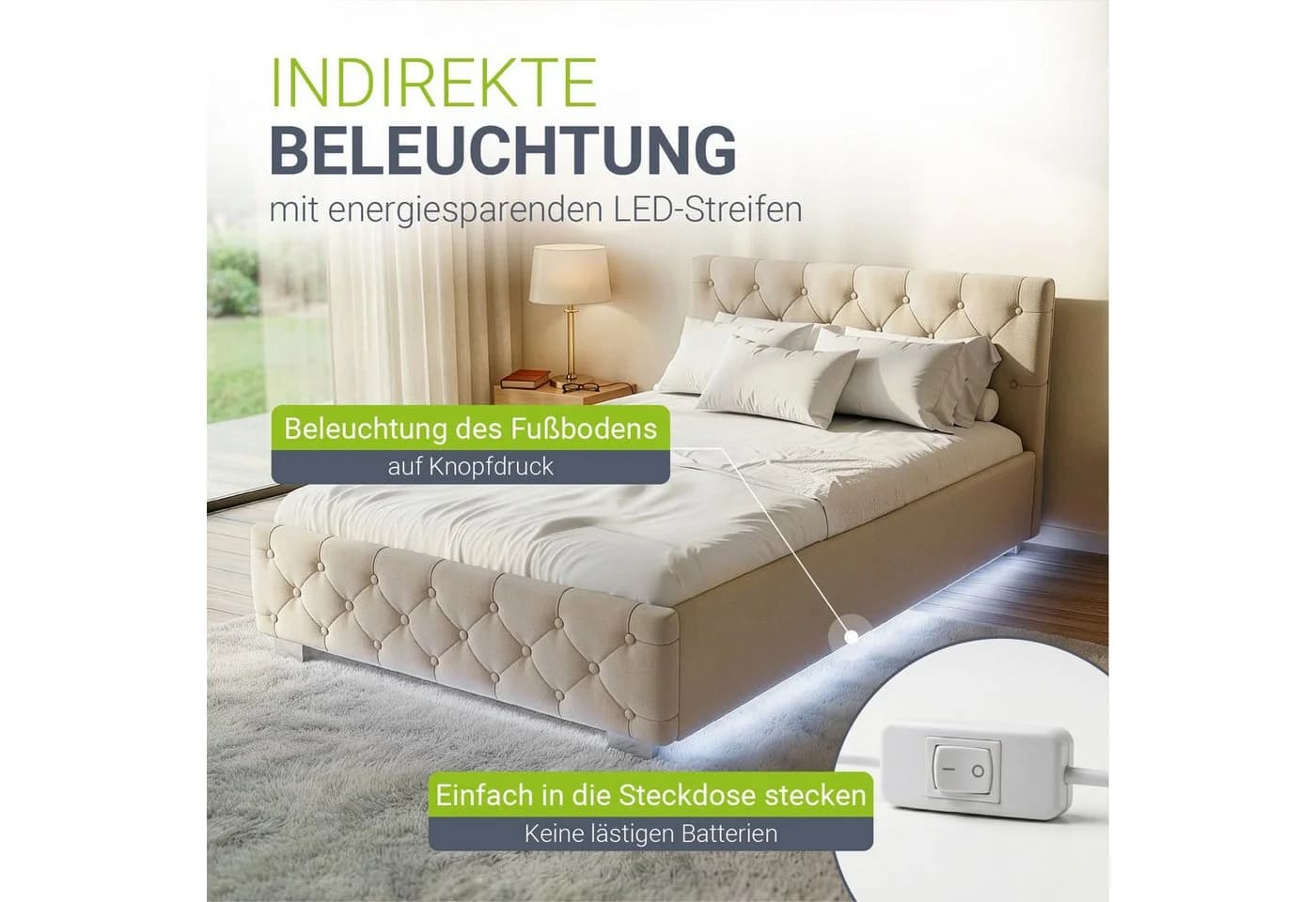 Juskys Polsterbett Nizza Beige Samt mit LED und Stauraum - Bild 4