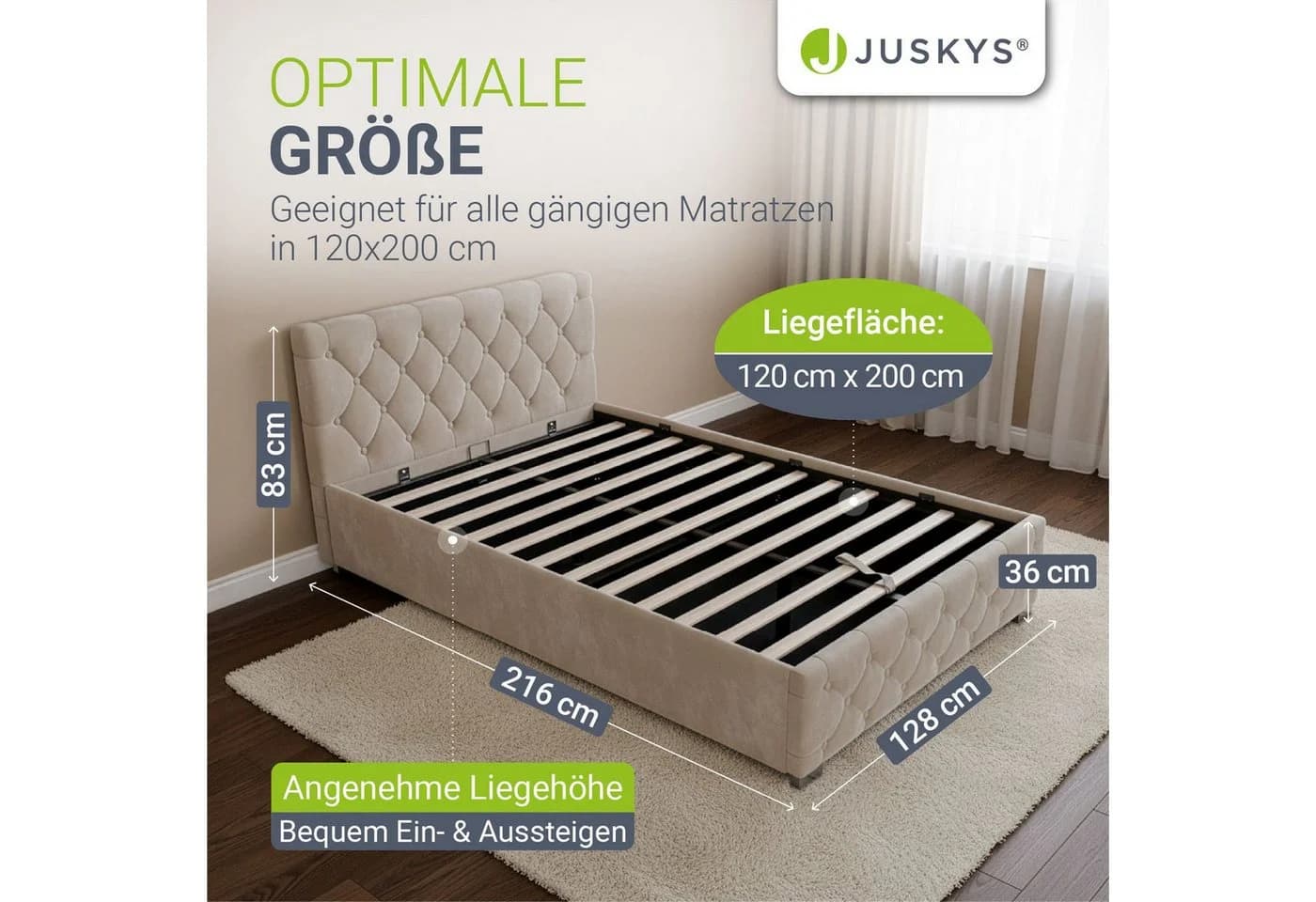Juskys Polsterbett Nizza Beige Samt mit LED und Stauraum - Bild 5