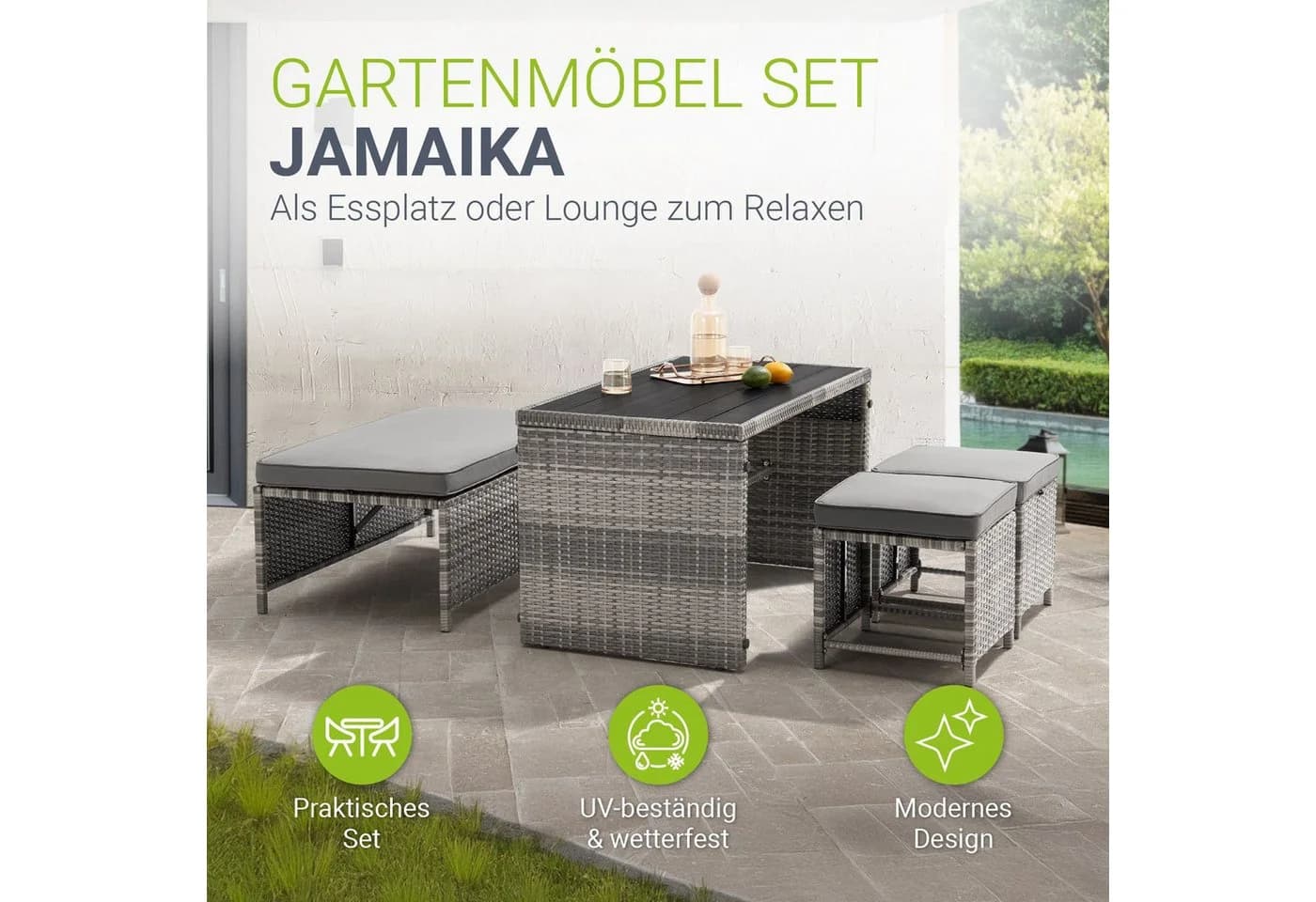 Juskys 2in1 Polyrattan Gartenlounge Set Jamaika Grau - Bild 2