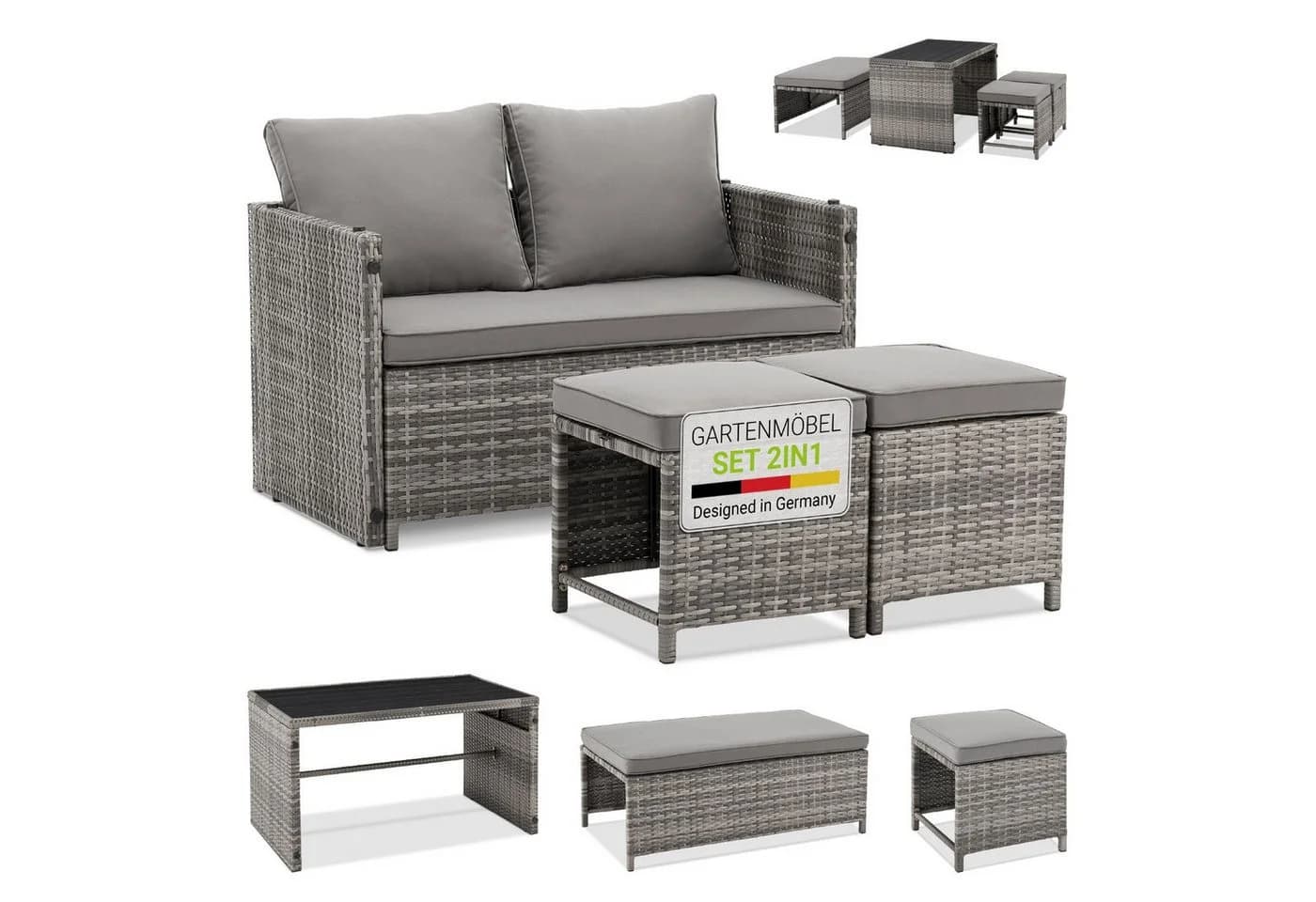 Juskys 2in1 Polyrattan Gartenlounge Set Jamaika Grau - Bild 3