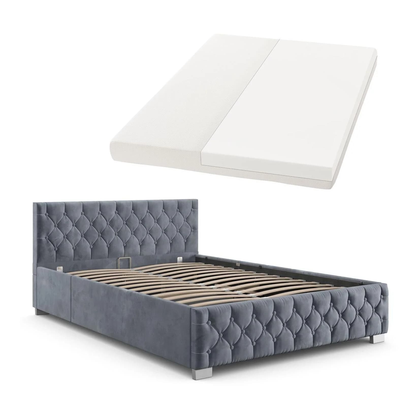 Juskys Polsterbett Nizza Dunkelgrau mit LED und Stauraum