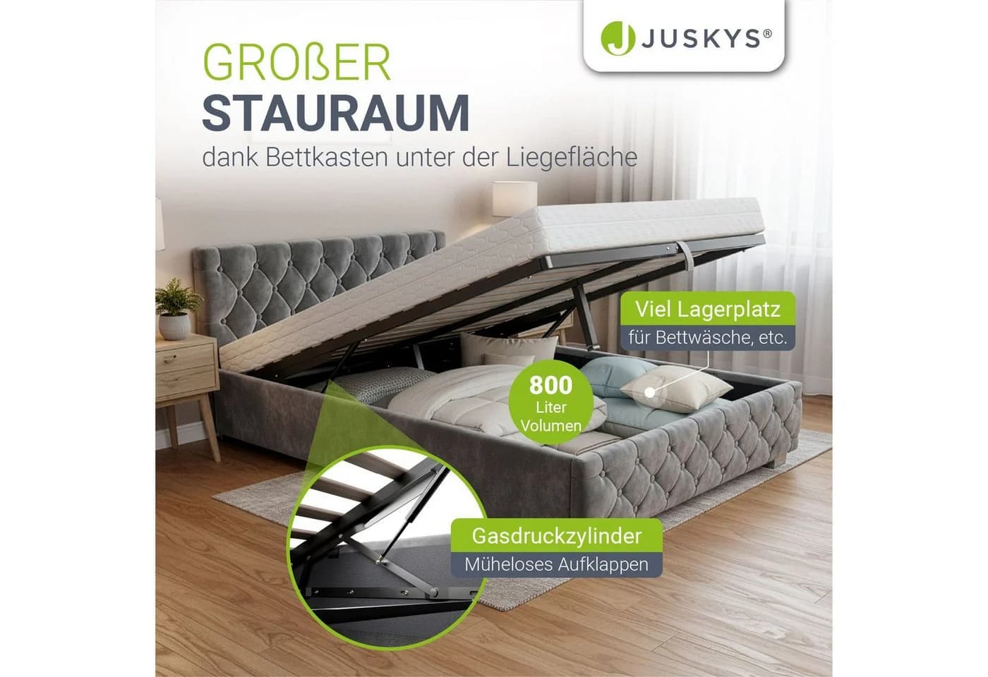 Juskys Polsterbett Nizza Dunkelgrau mit LED und Stauraum - Bild 2