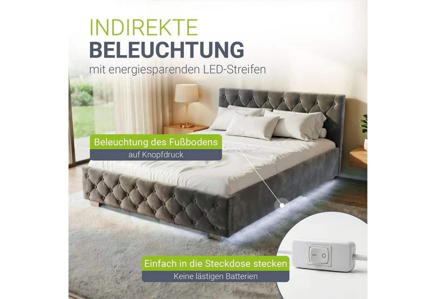 Juskys Polsterbett Nizza Dunkelgrau mit LED und Stauraum - Bild 4