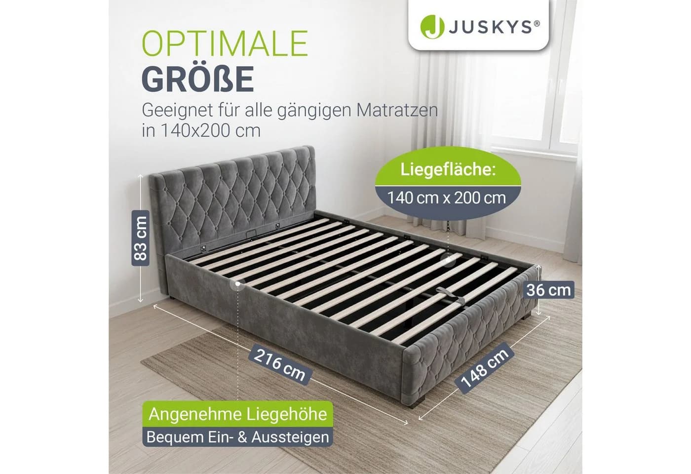 Juskys Polsterbett Nizza Dunkelgrau mit LED und Stauraum - Bild 5