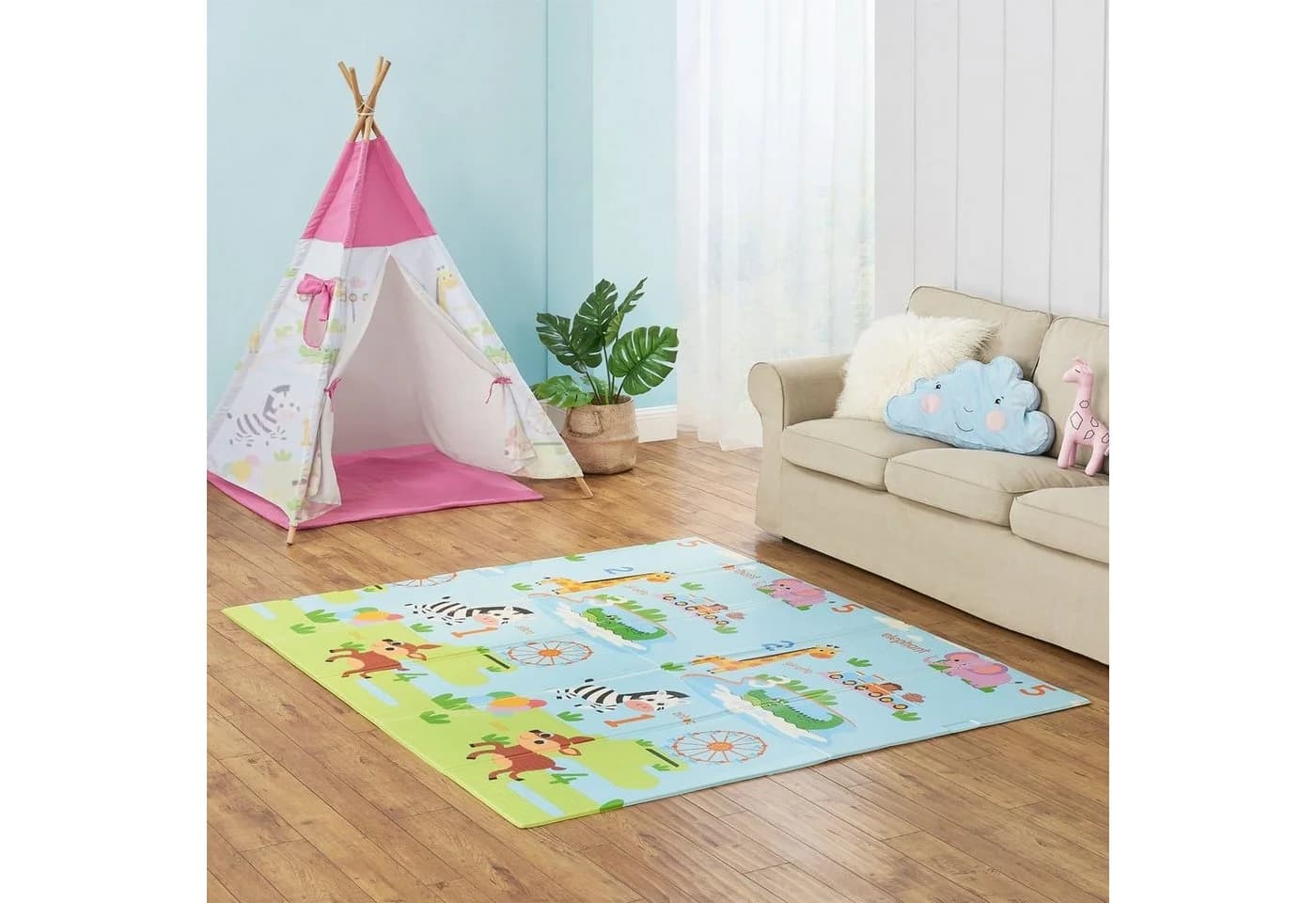 Juskys Kinder Spielmatte Stella 180x200 cm Tiere XXL Matte Schaumstoff Faltbar Soft Blau