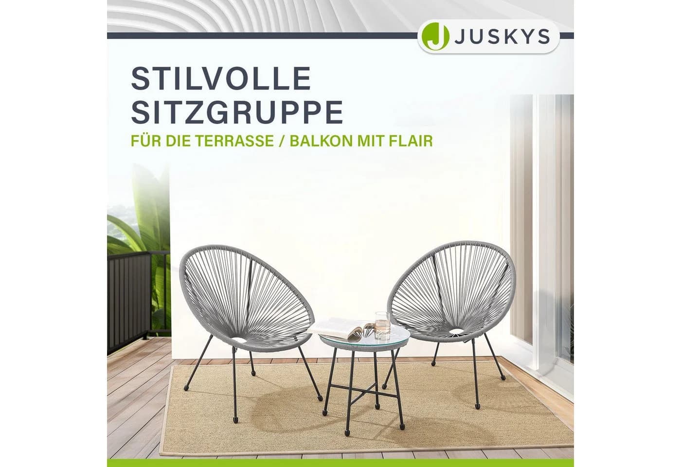 Juskys Balkonset Ostana 3-teilig Grau Schwarz Polyrattan - Bild 5