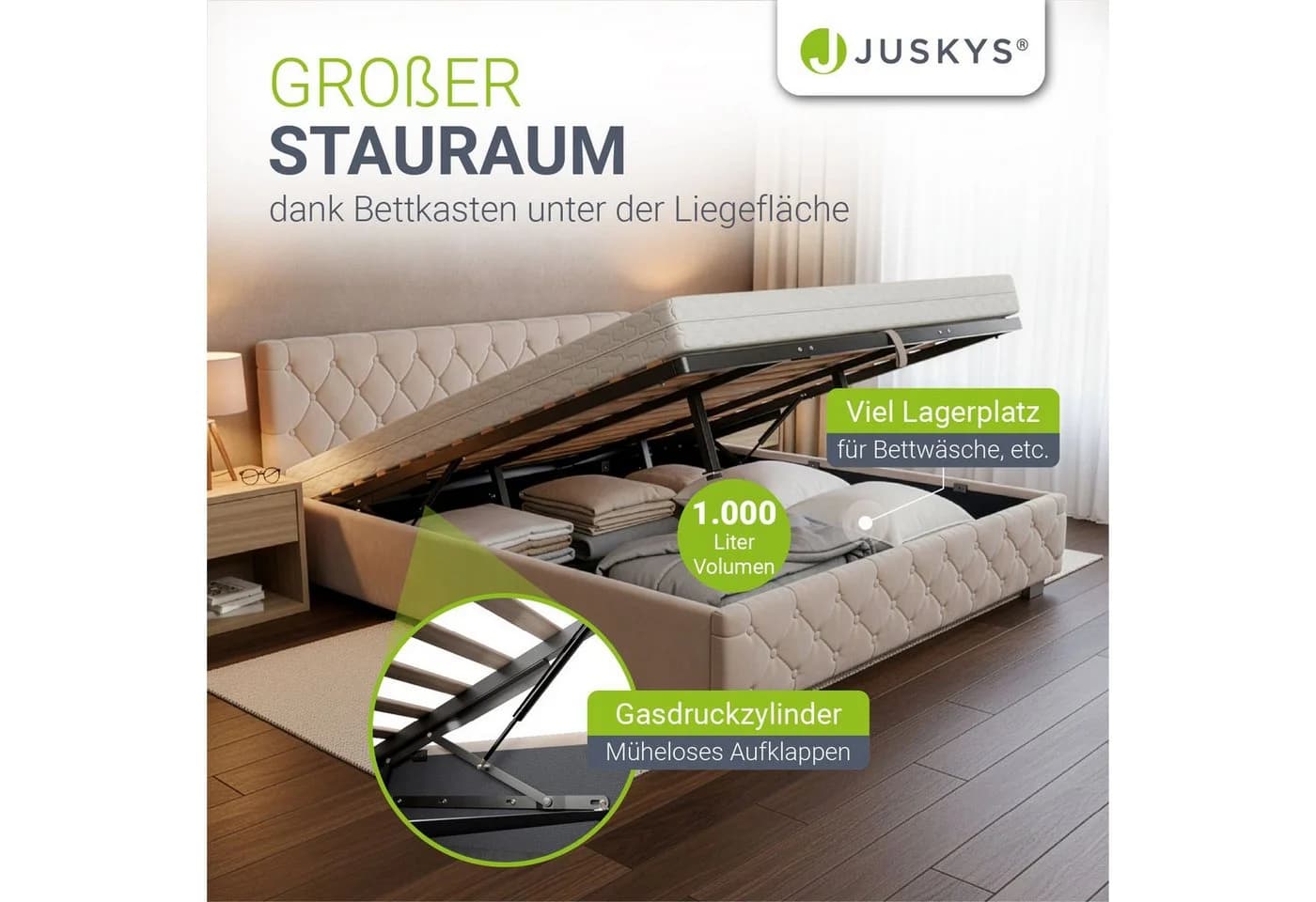 Juskys Polsterbett Nizza Beige Samt mit LED und Stauraum - Bild 2