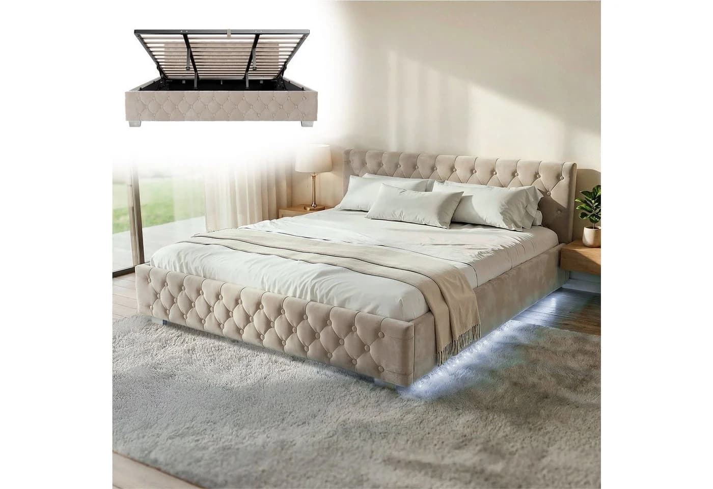 Juskys Polsterbett Nizza Beige Samt mit LED und Stauraum - Bild 3