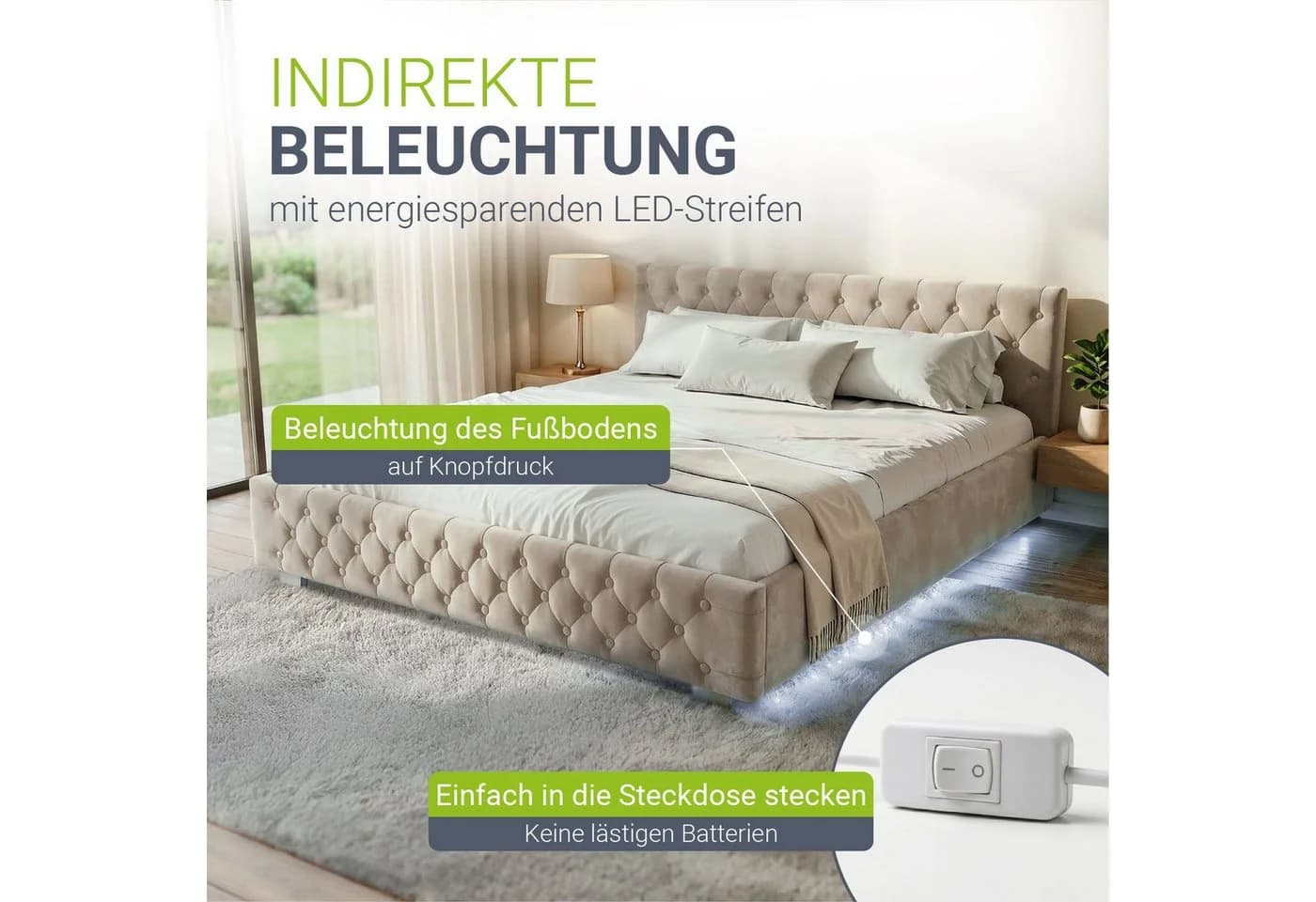 Juskys Polsterbett Nizza Beige Samt mit LED und Stauraum - Bild 4