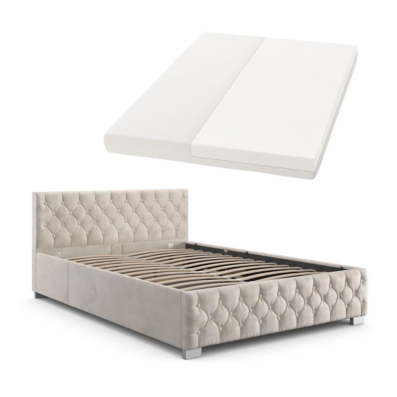 Juskys Polsterbett Nizza Beige mit LED und Stauraum