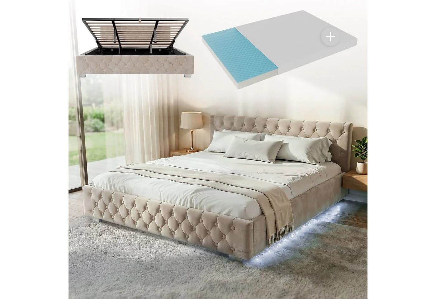 Juskys Polsterbett Nizza Beige mit LED und Stauraum - Bild 3