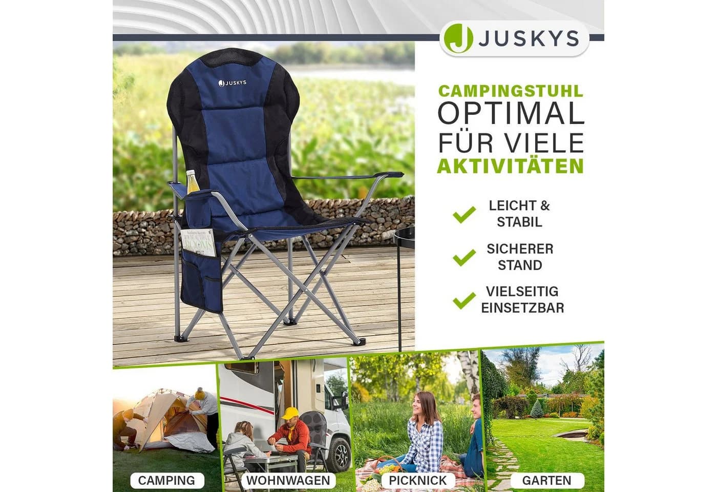 Juskys Campingstuhl Lido Dunkelblau mit Armlehnen und Getränkehalter