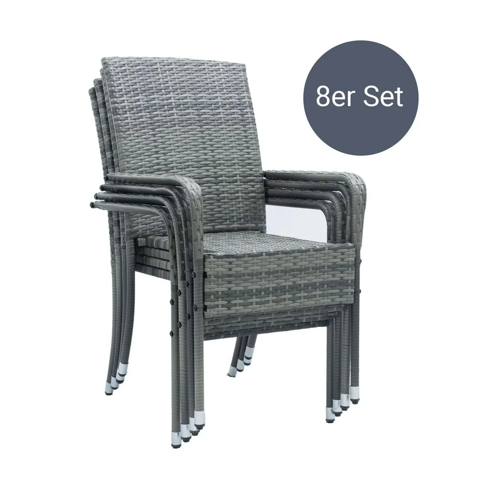 Juskys Gartenstuhl Yoro 8er Set Grau-meliert Polyrattan Stapelbar