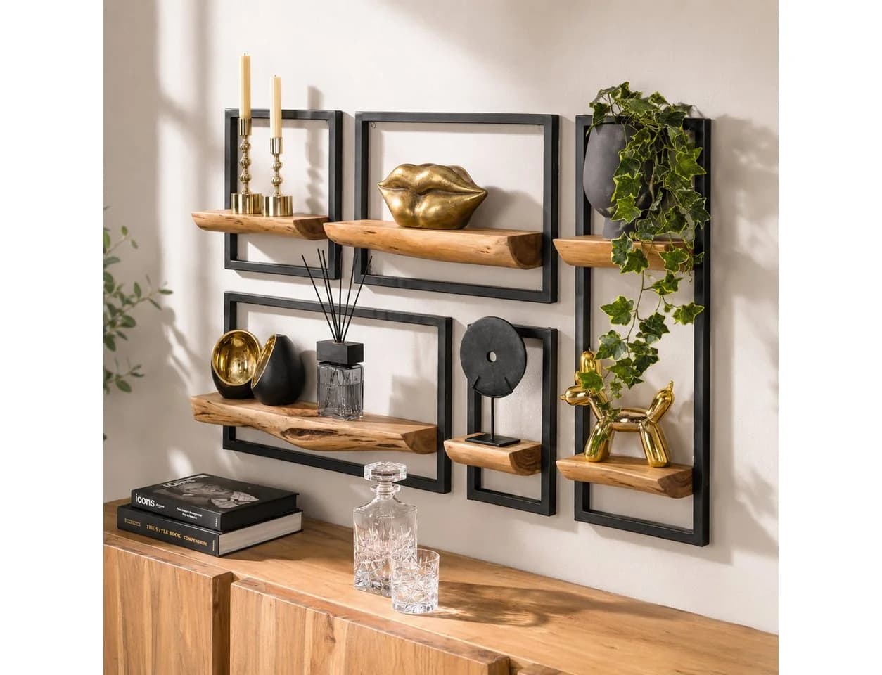 LEVEN Lifestyle Wandregal 5er Set mit Baumkante Holz Metall - Bild 2