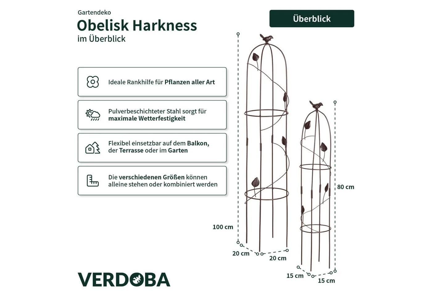 VERDOBA Rankhilfe Obelisk Metall 2er-Set Schwarz/Braun